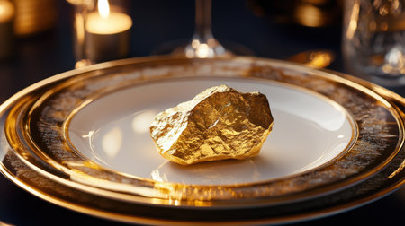 A stunning gold nugget rests on a decorative china plate, set against a soft candlelit background, exuding luxury and sophistication for fine dining.の素材