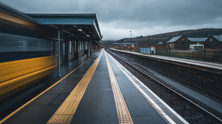 A tranquil scene at a train station platform on a cloudy day, showcasing a passing train in motion and empty tracks, inviting travel and reflection.の素材