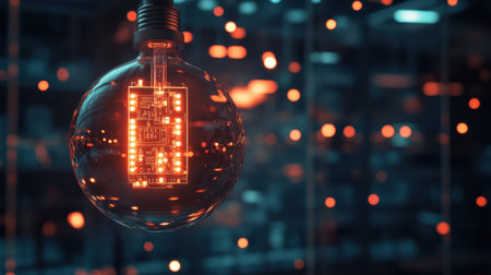 A captivating image of a light bulb containing a glowing circuit board, set against a dynamic, futuristic background, showcasing technological innovation and creativity.の素材