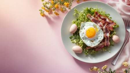 A visually appealing breakfast display featuring a fried egg, crispy bacon, fresh greens, and soft boiled eggs on a stylish plate, perfect for a morning meal.の素材