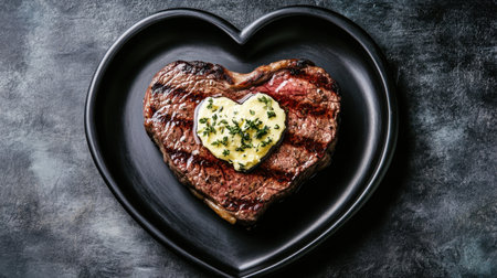 This captivating dish features a beautifully grilled steak shaped like a heart, topped with creamy herb butter, perfect for a romantic dinner setting.の素材