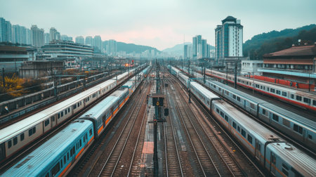 A captivating overhead view of a bustling urban train station showcasing multiple tracks and colorful trains against a misty city skyline.の素材