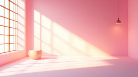 Experience a serene pink room filled with soft natural light, elegant design elements, and minimal decor, perfect for creating a cozy atmosphere.の素材