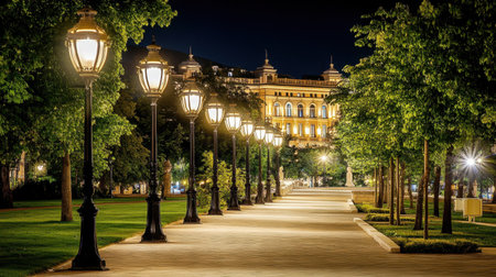 A beautiful nighttime scene in a city park featuring a well-lit walkway lined with vintage street lamps and lush greenery, enhancing the tranquility and charm of the environment.の素材