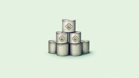 A visually appealing arrangement of stackable metal containers featuring a unique emblem, set against a soft green background, ideal for various design uses.の素材