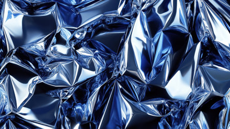 This image features a vibrant blue metallic foil with intricate wrinkles and creases, creating an eye-catching abstract design suitable for backgrounds and artistic projects.の素材
