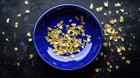 A vibrant blue dish showcases shimmering edible gold flakes scattered artfully on a dark surface, highlighting luxury and elegance in gourmet food presentation.の素材