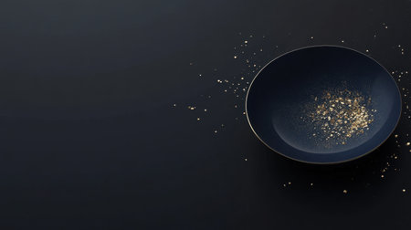 This captivating image features a sleek dark plate adorned with shimmering golden specks, set against a smooth, contrasting background. Perfect for culinary art.の素材