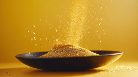 A stunning representation of shimmering gold dust cascading from a plate, set against a bright yellow background, capturing movement and elegance.の素材