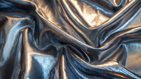 Close-up view of a glossy metallic fabric displaying intricate reflections and elegant pleats, perfect for fashion, decor, and artistic projects.の素材
