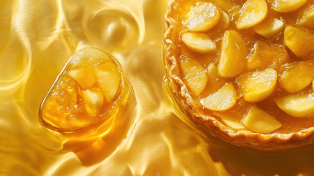 A mouthwatering apple pie sits on a shiny golden background, featuring juicy apple slices glazed to perfection. Ideal for food lovers.の素材