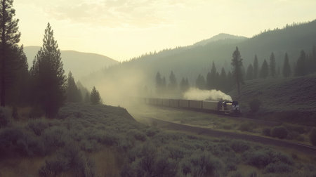 A vintage train chugs through misty mountains and dense forests at dawn, casting magical shadows in the golden light, evoking a sense of adventure.の素材