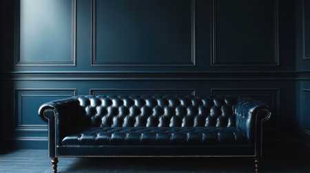 A stunning dark leather couch offers a striking contrast against rich blue walls, creating an inviting and sophisticated atmosphere perfect for interior design inspiration.の素材