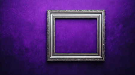This image features an elegant vintage frame set against a vibrant purple background, perfect for artistic displays or creative concepts. The empty space invites custom artwork or personal touches, making it ideal for various projects.の素材