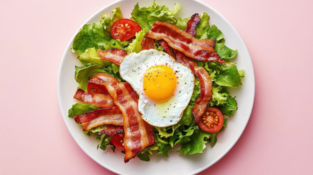 A vibrant and appetizing breakfast salad featuring crispy bacon, fresh greens, and a perfectly cooked sunny-side up egg, set against a light pink background.の素材