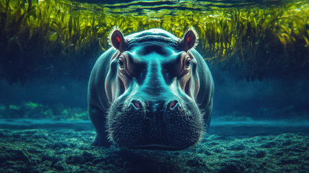 This striking underwater image captures a hippo swimming gracefully among lush aquatic vegetation, showcasing the beauty of wildlife in its natural habitat.の素材