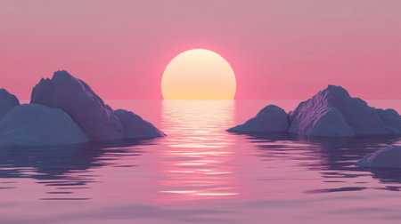 A stunning sunset casts a gentle glow over a calm ocean, featuring ice formations against a pastel sky. The serene atmosphere inspires relaxation and wonder.の素材