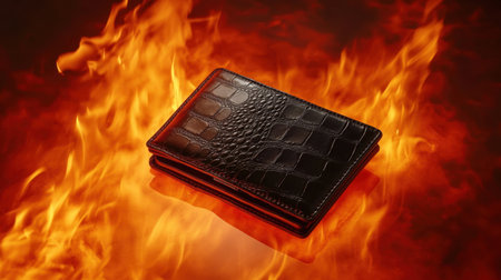A striking black leather wallet lies amidst intense flames, capturing the essence of luxury and risk. The dramatic contrast highlights its unique design, making it an ideal visual for fashion enthusiasts.の素材