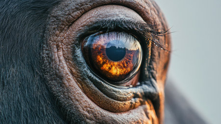 This striking close-up captures the intricate details of a horse's eye, reflecting a breathtaking sunset and serene landscape, evoking deep emotions and beauty.の素材