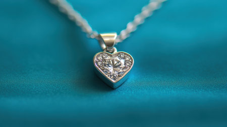 This image features a stunning heart-shaped diamond pendant hanging elegantly from a silver chain, set against a vibrant turquoise background, showcasing luxury and beauty.の素材