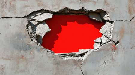 This image captures a cracked concrete wall exposing a vibrant red background, illustrating urban decay and the contrast between structure and color.の素材