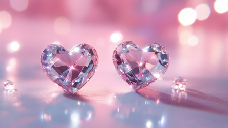 Two sparkling crystal hearts sit gracefully against a soft pink background, exuding romance and elegance, perfect for love-themed projects or events.の素材