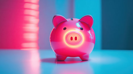 This cute pink piggy bank features a vibrant glow, set against a modern backdrop. It symbolizes savings and financial joy, perfect for children and adults alike.の素材
