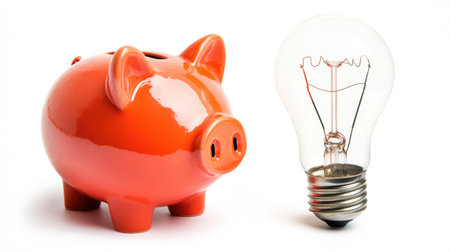 A vibrant orange piggy bank sits next to a classic light bulb, symbolizing bright ideas for saving money. This visually appealing image captures the essence of financial planning and creativity.の素材
