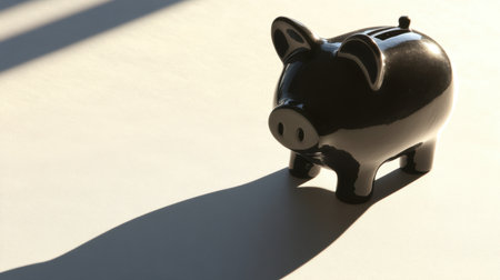 A sleek black piggy bank stands alone on a white surface, creating a striking visual. The soft natural light highlights its curves, casting an intriguing shadow.の素材