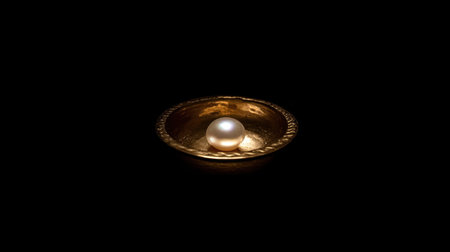 A stunning pearl elegantly positioned on a vintage gold plate, beautifully highlighting its round shape and lustrous shine against a dark backdrop.の素材