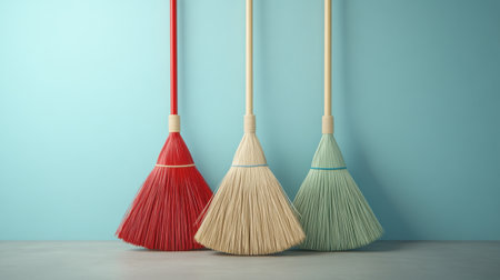A visually appealing arrangement of colorful brooms featuring red, cream, and mint hues against a light blue wall, perfect for cleaning and home decor.の素材