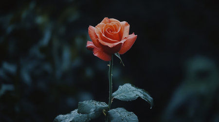 A stunning orange rose stands alone, adorned with dew drops, evoking feelings of beauty and tranquility in a lush, dark background.の素材