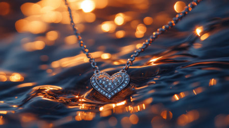 A captivating heart-shaped necklace adorned with sparkling stones, glistening in water and reflecting a warm, inviting light, perfect for romantic themes.の素材