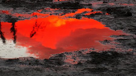 This captivating image showcases a vibrant reflection of a fiery sunset in shallow water on murky ground. The dramatic colors and textures evoke a sense of tranquility and beauty in nature.の素材