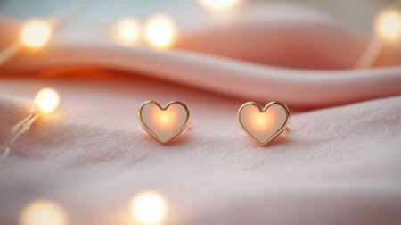 This image features stunning heart-shaped earrings set against a soft fabric backdrop illuminated by warm lights. Ideal for romantic themes.の素材