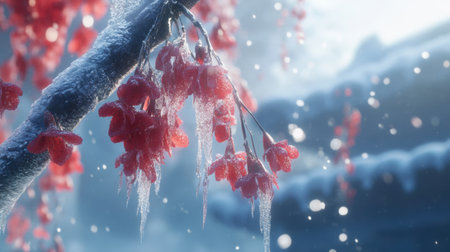 A stunning close-up of frosted red leaves illuminated by soft light, capturing the essence of winter. Snowflakes gently fall around the serene scene, creating a magical atmosphere.の素材