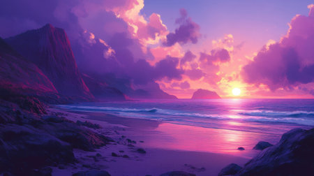 A stunning sunset casts vibrant hues across the tranquil beach, where gentle waves meet the rocky shore, creating a picturesque coastal scene.の素材