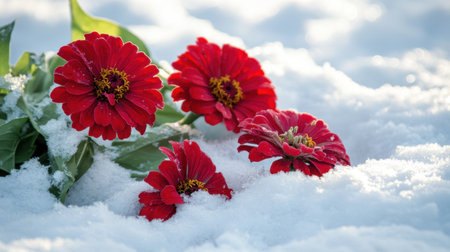 Captivating red flowers peeking through a blanket of snow, highlighting the striking contrast between winter's chill and nature's vibrant colors.の素材