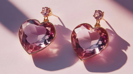 This image showcases exquisite heart-shaped pink earrings featuring sparkling gemstones, elegantly set against a soft surface illuminated by natural light.の素材