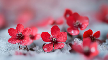 This stunning close-up captures vibrant red flowers with delicate petals adorned with shimmering dew drops, creating a peaceful and beautiful spring atmosphere.の素材