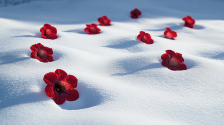 Vivid red flowers scattered across a pristine white snow surface, creating a stunning visual contrast that captures the essence of winter beauty and nature.の素材