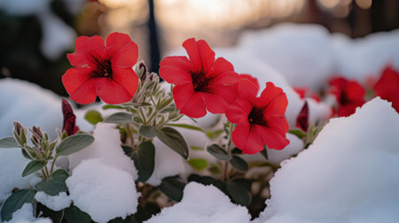 A stunning scene of vibrant red petunias blooming through fresh white snow, beautifully framed by soft sunlight, showcasing winter's unique charm.の素材