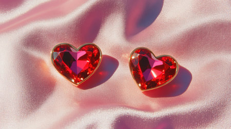 Two exquisite red heart-shaped gems rest on a gentle silk fabric, radiating elegance and romance in soft, warm lighting. Perfect for love-themed designs.の素材
