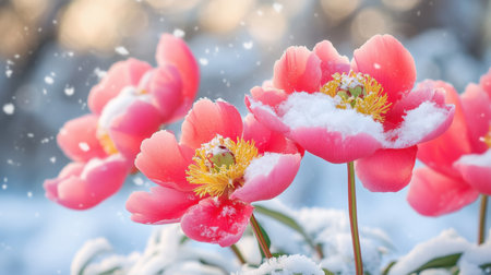 Capture the enchanting beauty of pink flowers gracefully draped in snow, illuminated by soft sunlight in a magical winter scene, showcasing nature's delicate elegance.の素材