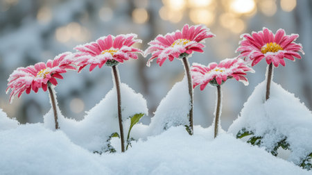 A beautiful display of pink flowers emerging from a blanket of snow, capturing the contrast between warmth and cold in a tranquil winter landscape.の素材