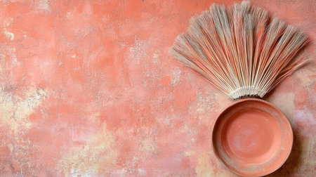 A rustic terracotta bowl rests gracefully on a warm textured background, accompanied by traditional tools arranged artistically, capturing craftsmanship and beauty.の素材