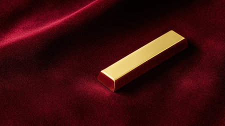 A shiny gold bar rests on a rich red satin fabric background, symbolizing luxury and wealth. This image evokes feelings of prosperity and opulence.の素材