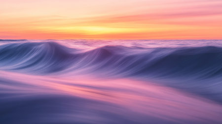 A serene sunset scene captures gentle ocean waves in soft purple and pink hues, creating a tranquil and beautiful atmosphere at dusk.の素材