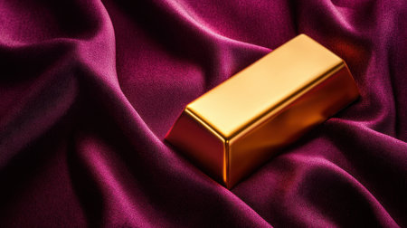 A striking gold bar elegantly positioned on deep purple satin fabric, showcasing a rich contrast that evokes themes of luxury and wealth in photography.の素材