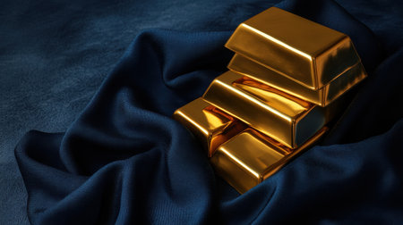 A stunning arrangement of gold bars rests elegantly on deep blue velvet, capturing a sense of luxury and wealth. Ideal for finance and investment themes.の素材